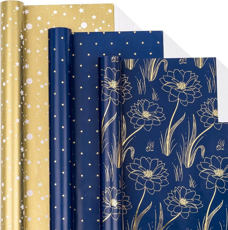 LeZakaa Floral Wrapping Paper Roll, Luxury Metallic Gift Wrap with Floral, Stars & Polka Dot Design for Mothers Day, Wedding, Bridal Shower, Birthday, Anniversary, 17 x 120 inches, 3 Rolls, Mini Roll - Image 1